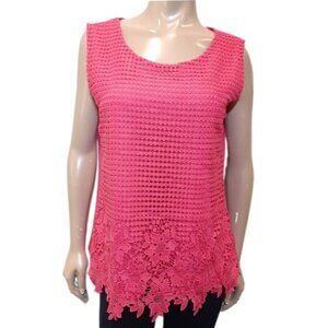 3/$20 Cleo Sleeveless Crochet Overlay Top Floral Lace Hem Barbie Pink Scoop Neck
